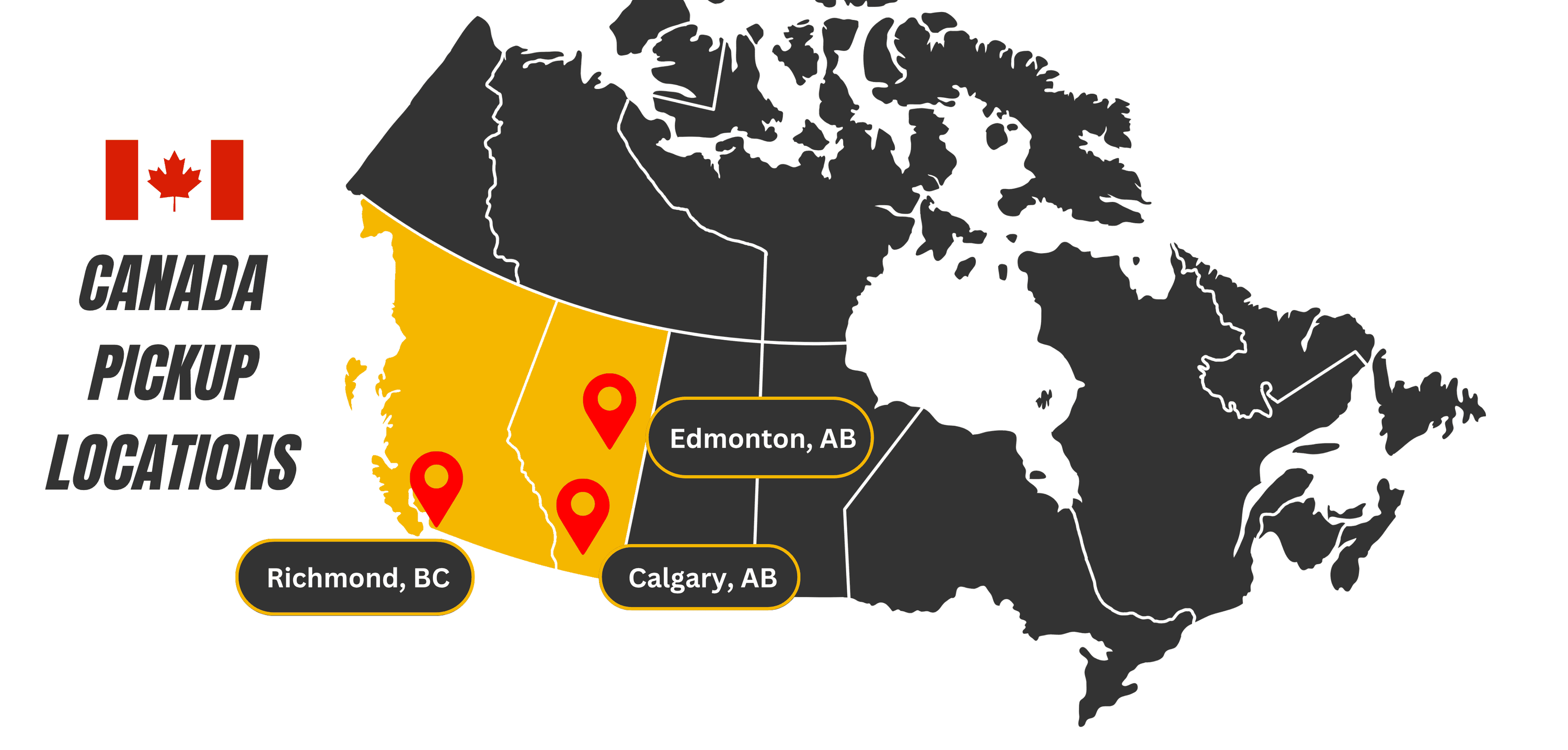 Map of Canada with highlighted pickup locations including Richmond, BC, and Calgary, AB, with a Canadian flag.