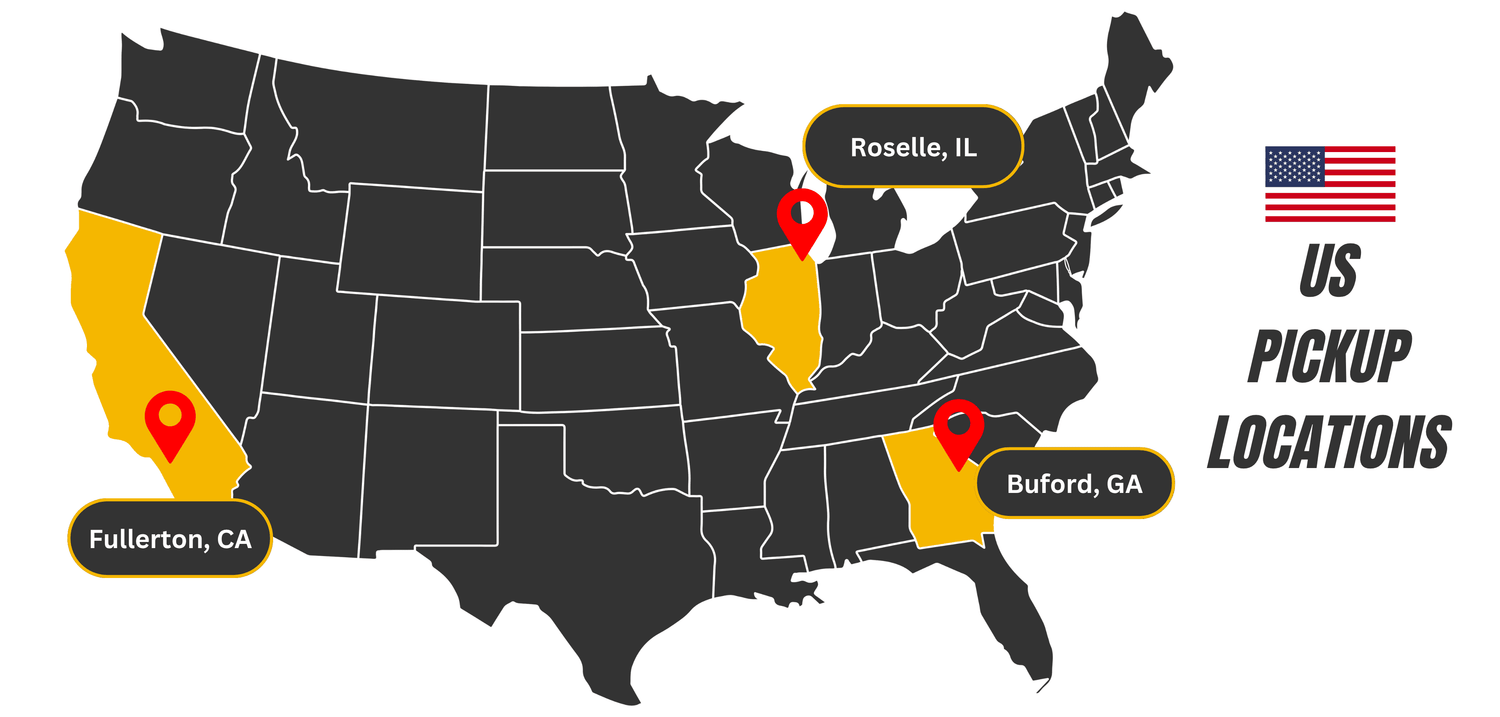 Map of the United States with highlighted pickup locations and American flag.