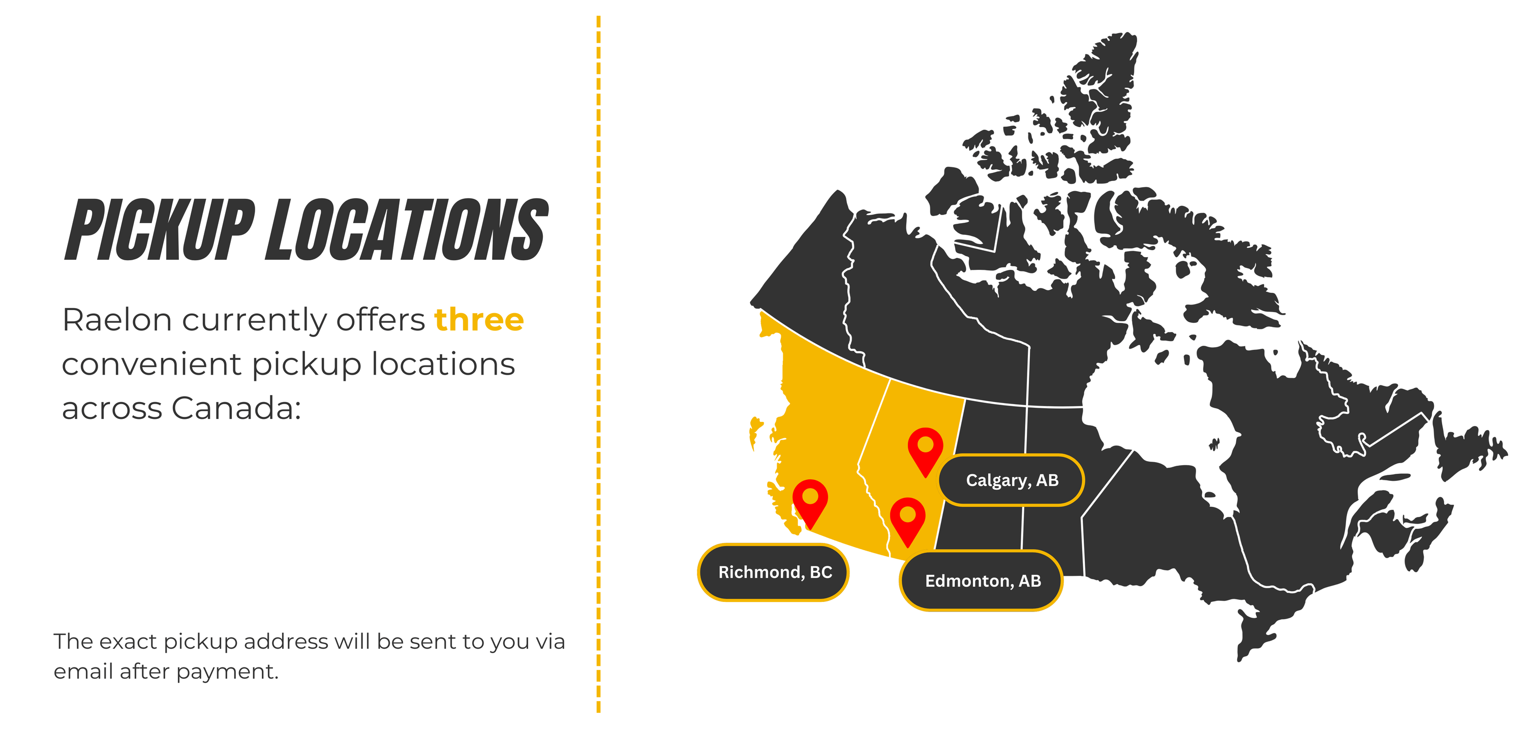 Raelon pickup locations map showing electric pallet jack and pallet truck local pick-up points in Richmond BC, Calgary AB, and Edmonton AB, highlighting fast Canada-wide delivery and warehouse collection options for material handling equipment.