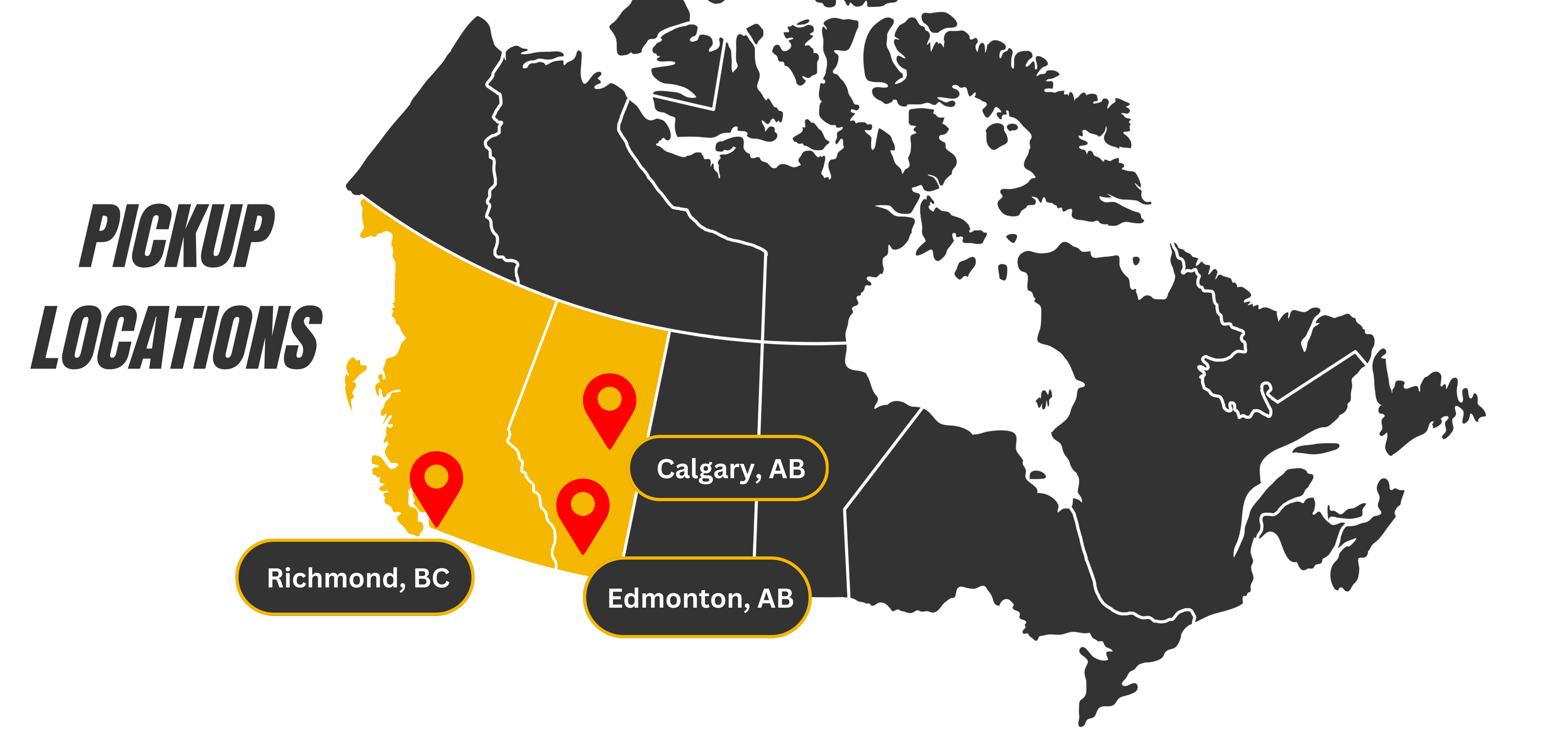 Raelon pickup locations map showing electric pallet jack and pallet truck local pick-up points in Richmond BC, Calgary AB, and Edmonton AB, highlighting fast Canada-wide delivery and warehouse collection options for material handling equipment.