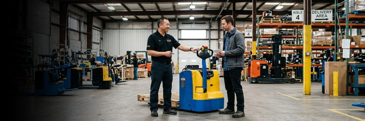 Raelon Product Updates blog banner for electric pallet jacks, stackers, forklifts, parts, and warehouse equipment news