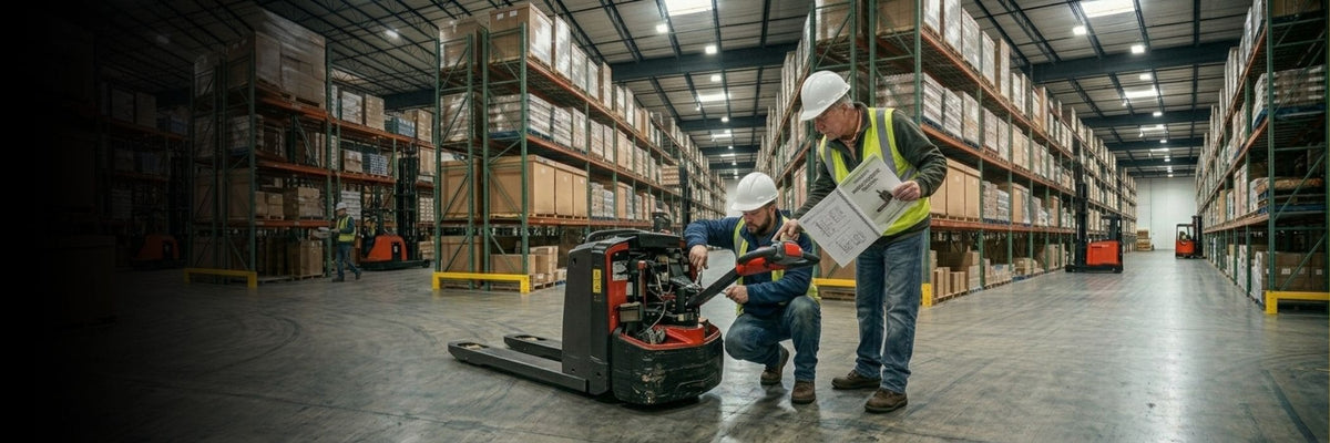 Raelon Safety and Maintenance blog banner for electric pallet jacks, stackers, forklifts, and warehouse equipment care