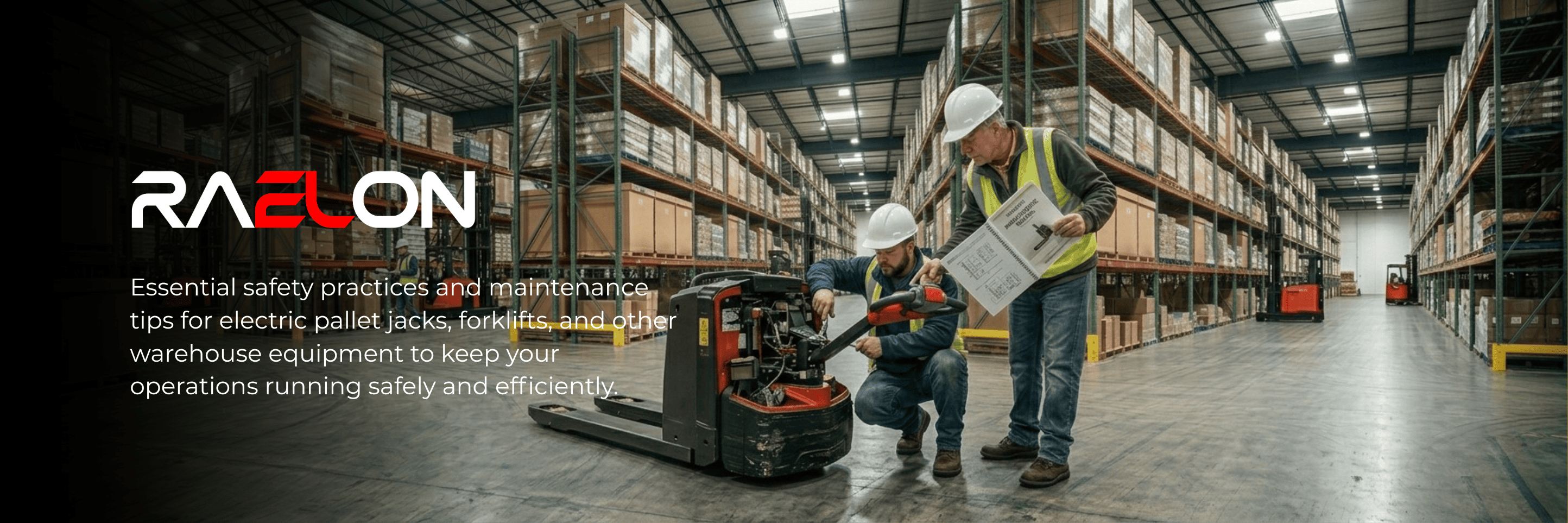 Raelon Safety and Maintenance blog banner for electric pallet jacks, stackers, forklifts, and warehouse equipment care
