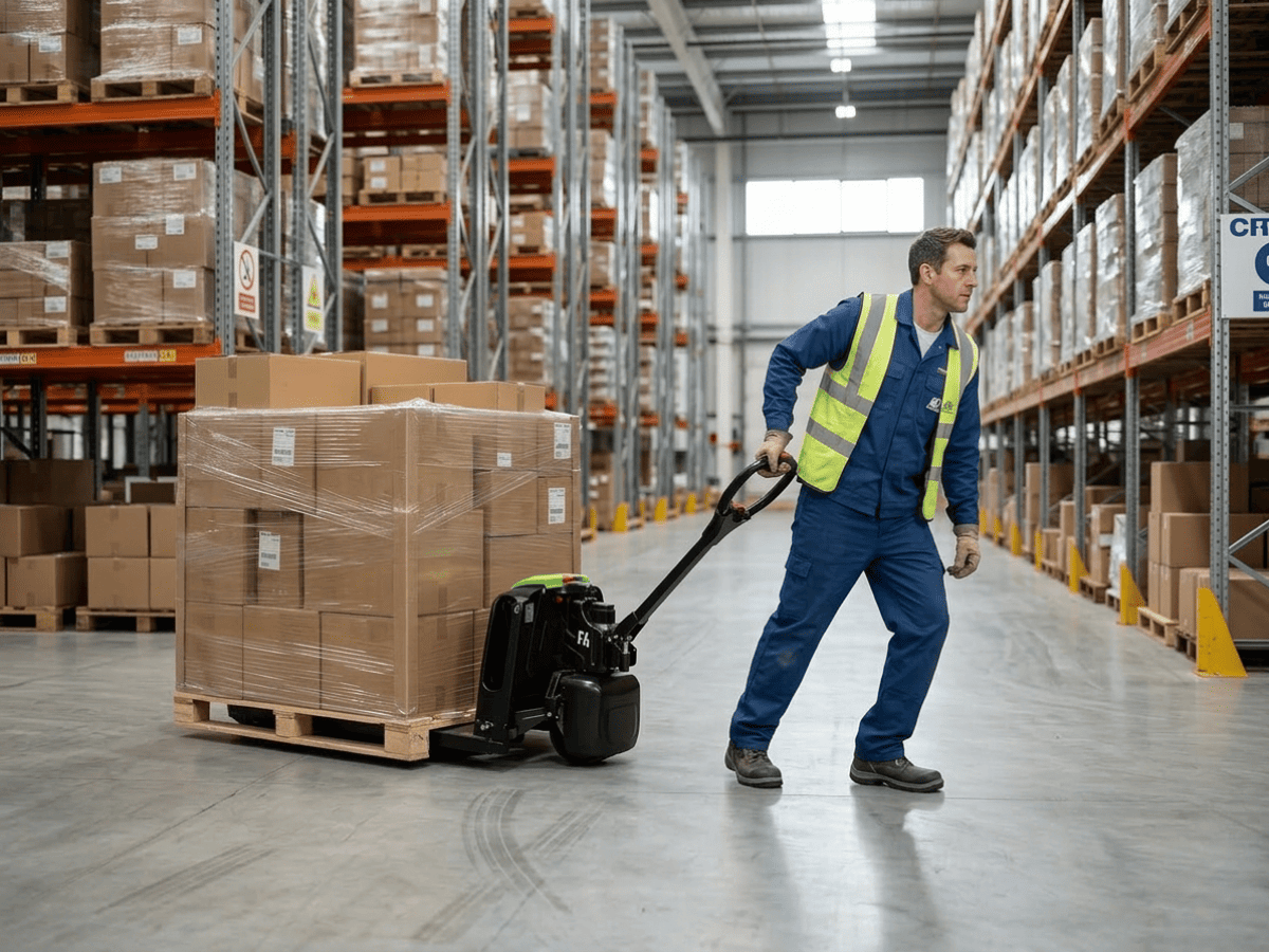 Warehouse worker using a Raelon electric pallet jack to move palletized goods in a distribution center