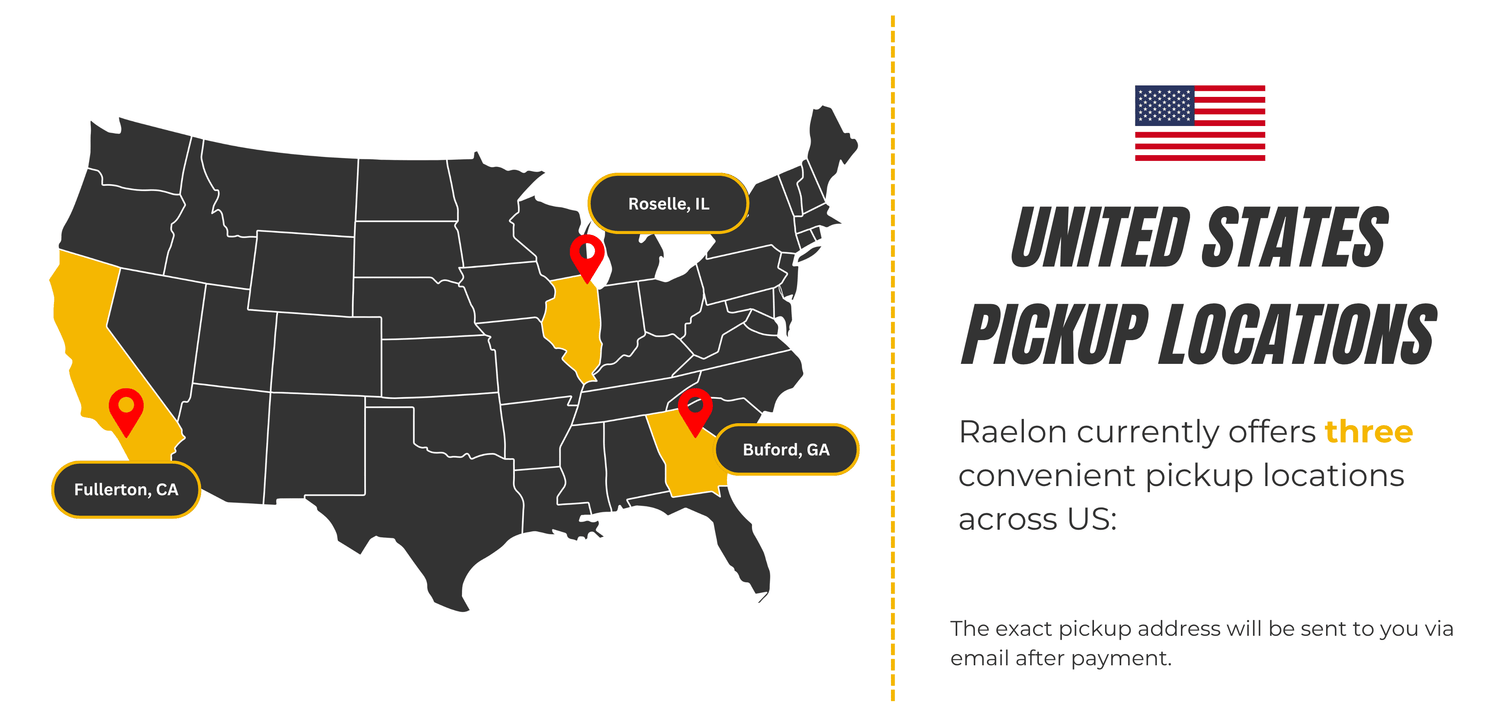 Raelon United States pickup locations map with Fullerton CA Roselle IL and Buford GA