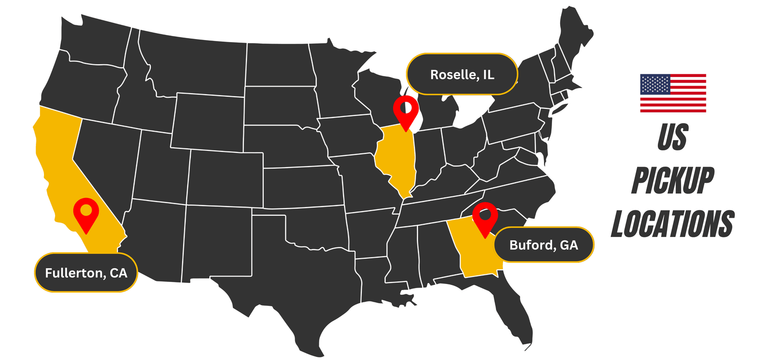 Raelon United States pickup locations mobile map with Fullerton CA Roselle IL and Buford GA