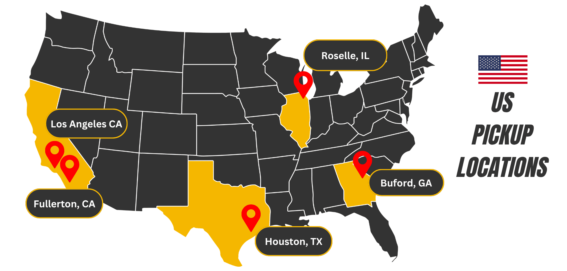 Raelon U.S. pickup locations map showing Los Angeles, Fullerton, Houston, Buford, and Roselle