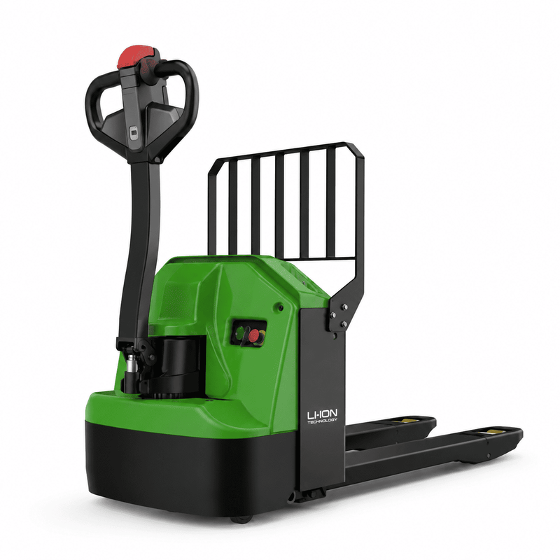 Raelon WPL202 4400lbs Li-ion electric pallet jack front angle view with backrest green with backrest