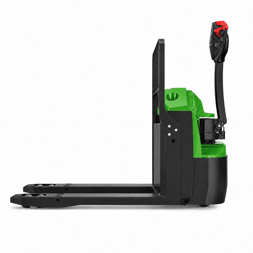 Raelon WPL202 4400lbs Li-ion electric pallet jack side angle view with backrest green with backrest