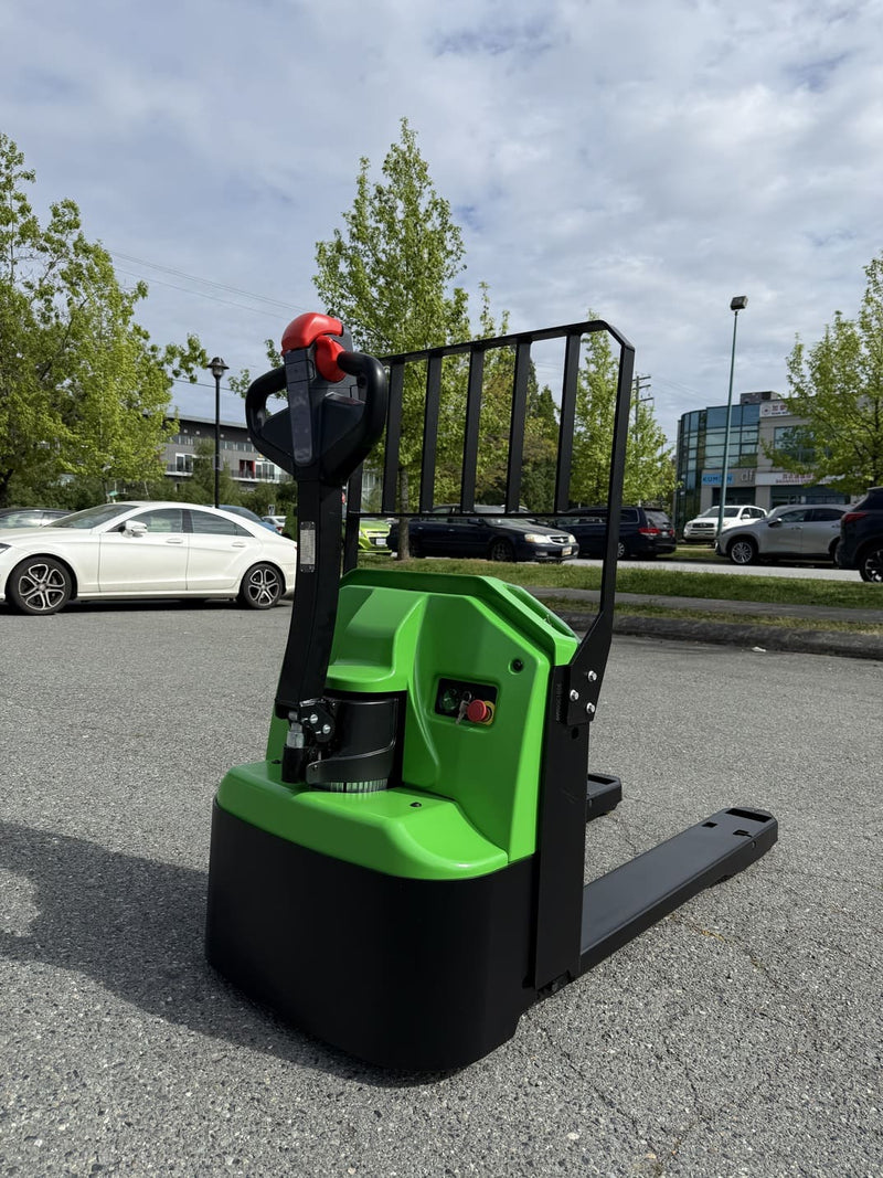 Raelon WPL202 electric pallet jack in a three-quarter view with load backrest, green cover and tiller handle
