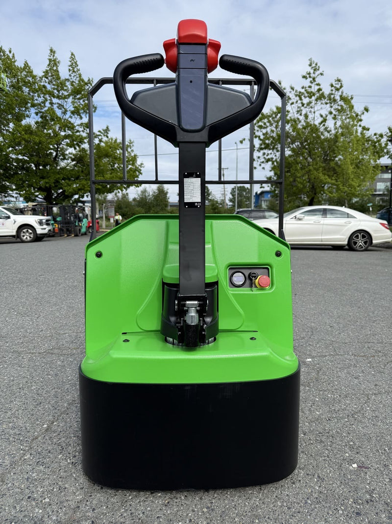 Handle-end view of the WPL202 showing the tiller handle, nameplate, green cover, display, key switch and emergency stop with the backrest behind