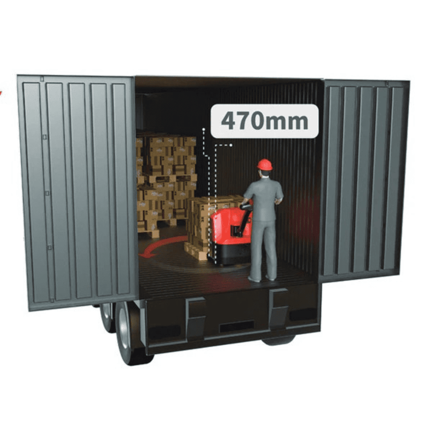 Raelon WPL202 electric pallet jack showing 470mm compact chassis design inside a truck trailer