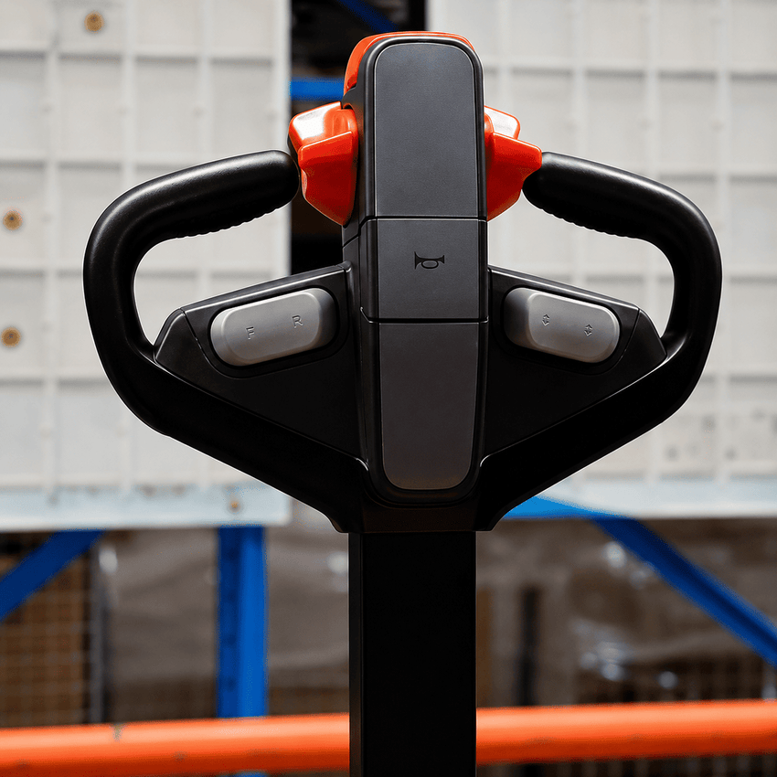 Raelon WPL202 electric pallet jack tiller handle close up with travel and lift controls