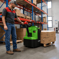 Raelon WPL202 electric pallet jack moving pallet loads in a warehouse