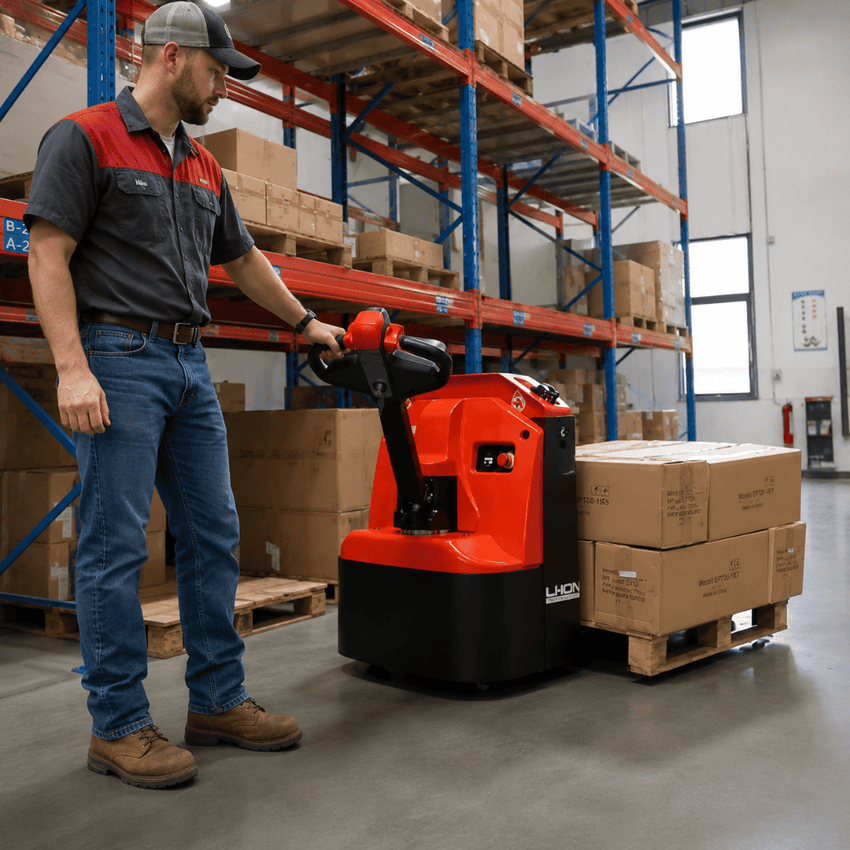 Raelon WPL202 electric pallet jack moving pallet loads in a warehouse
